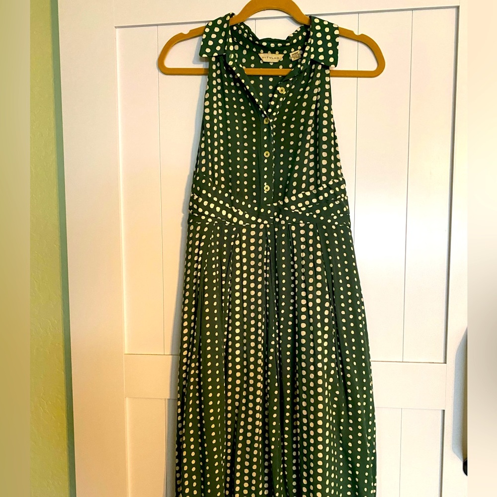 Anthropologie Green Polka Dot Sleeveless Midi Dress